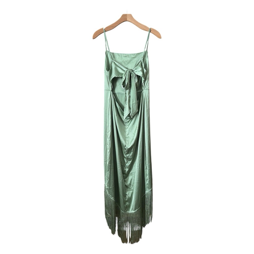 12th Tribe Tulum Green Satin Fringe Midi Dress L (M) Open Tie Back Party Boho - Picture 3 of 12